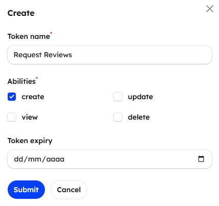 Create API token modal