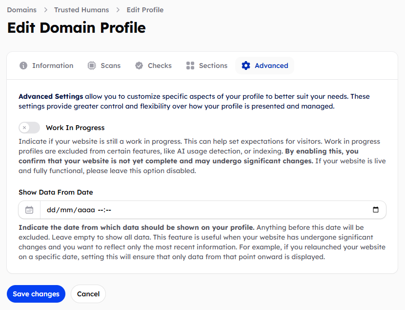 Advanced settings section